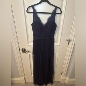 Navy blue floor length dress with lace detail